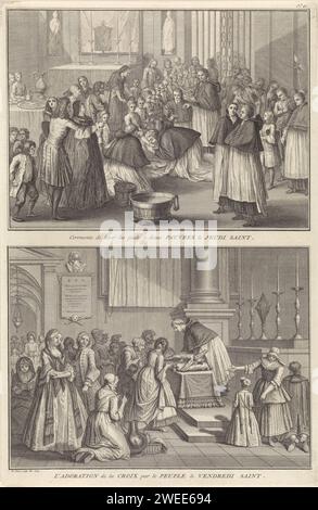 Le lavage des pieds le jeudi blanc et le culte de la croix le Vendredi Saint, Bernard Picart (atelier de), 1724 imprimer feuille avec deux représentations concernant la célébration du jeudi blanc et du Vendredi Saint dans l'Eglise Catholique Romaine. A l'étage : les pieds de douze pauvres enfants sont lavés le jeudi blanc. Ci-dessous : les croyants adorent la croix le Vendredi Saint. Numéroté en haut à droite : no 40. Amsterdam papier gravure / gravure Maundy jeudi. Vendredi Saint Banque D'Images