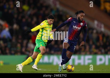 Nathaniel Chalobah de West Bromwich Albion et Gabriel Sara de Norwich City - Norwich City v West Bromwich Albion, Sky Bet Championship, Carrow Road, Norwich, Royaume-Uni - 20 janvier 2024 usage éditorial seulement - des restrictions de DataCo s'appliquent Banque D'Images