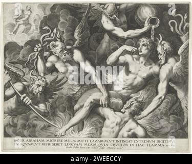 Vision de l'homme riche en enfer, Aegidius Sadeler (II), après Jacopo Palma, 1595 imprimer l'homme riche en enfer avec démons et démons. Dans une vision, il voit le pauvre Lazare sur les genoux d'Abraham. Le patriarche rejette les supplications de l'homme riche avec un geste de la main. L'estampe a une légende latine de la Bible (Luc 16). München gravure sur papier Dives meurt ; son âme est amenée en enfer par des démons Banque D'Images