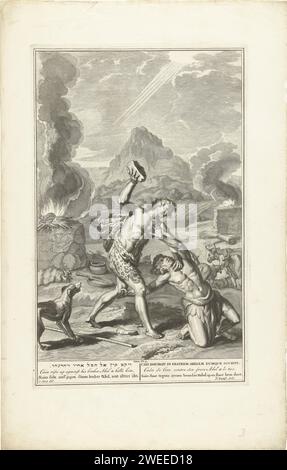 Caïn tue Abel, Jacobus Baptist, d'après Gérard Hoet (I), 1720 - 1728 print Caïn est sur le point de tuer Abel avec une grosse pierre qu'il tient dans sa main. Deux autels sacrificiels peuvent être vus en arrière-plan. À droite, l'offrande de maïs de Caïn et à gauche, le Lam van Abel sacrifié. La permission de Dieu pour le sacrifice d'Abel est symbolisée par les rayons du soleil qui pointent vers la gauche. Avec une légende en six langues. Amsterdam papier gravure / gravure The Killing of Abel : Caïn le tue avec une pierre, un club ou un os de mâchoire, alternativement avec une bêche ou un autre outil comme arme. Le sacrifice de Cai Banque D'Images