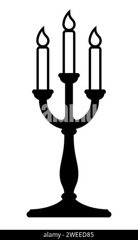 bougeoir, illustration de silhouette vectorielle noir et blanc de chandelier avec trois bougies allumées Illustration de Vecteur