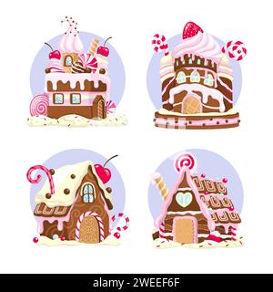 Maisons de bonbons, ensemble de sucré, biscuit, maisons de gâteau, illustration vectorielle Illustration de Vecteur