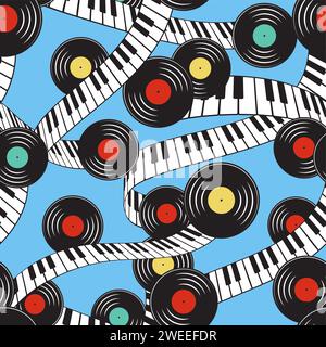 Clavier de piano, disques vinyles, motif de musique sans couture, fond Illustration de Vecteur