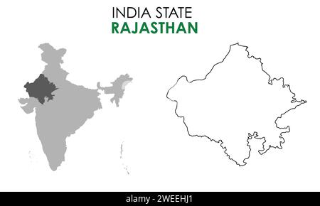 Carte Rajasthan de l'état indien. Illustration vectorielle de carte Rajasthan. Carte du Rajasthan sur fond blanc. Illustration de Vecteur