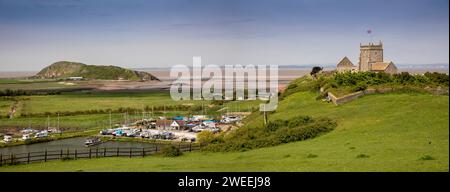 Royaume-Uni, Angleterre, Somerset, Weston-super-Mare, Uphill, Église Saint-Nicolas et Brean Down, panoramique Banque D'Images