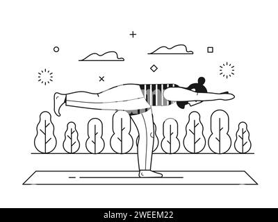 Homme barbu faisant du yoga sur City Park dans Line Art Illustration de Vecteur