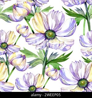 Belle pivoine, fleurs d'anémone avec des feuilles sur le fond. Motif floral sans couture, bordure. Peinture à l'aquarelle. Illustration dessinée à la main. Concevoir pour Banque D'Images
