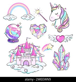 Ensemble d'arc-en-ciel, fantaisie, objets magiques en cristal, château, dessin vectoriel licorne Illustration de Vecteur