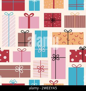 Boîtes cadeaux simples, présente un motif sans couture, fond dans un style plat Illustration de Vecteur