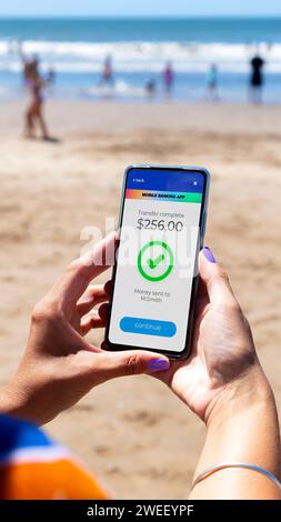 Téléphone mobile avec application financière à l'écran. Femme sur la plage transférant de l'argent en ligne en utilisant des applications pour envoyer et recevoir de la monnaie. LUN Banque D'Images