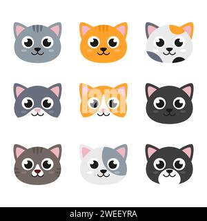 Chats, têtes de chatons, visages. Ensemble d'illustrations simples de style plat Illustration de Vecteur