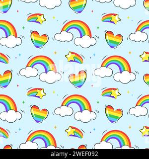 Motif sans couture des icônes LGBT. Arc-en-ciel, étoiles, fond de coeurs Illustration de Vecteur