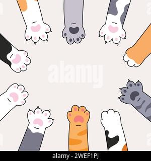 Modèle de bannière avec pattes de chat placées en cercle, style de bande dessinée, illustration comique. Chaton, animal de compagnie, main d'animal. Dessin de doodle vectoriel. Illustration de Vecteur