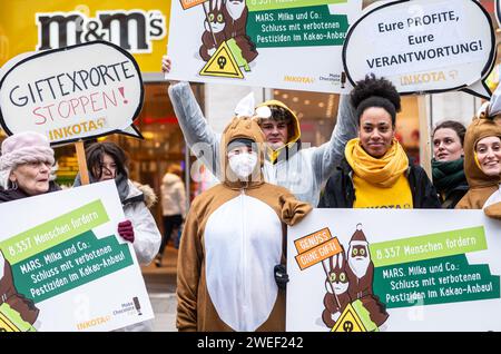 Berlin, Berlin, Allemagne. 25 janvier 2024. Les militants se rassemblent contre l'utilisation de pesticides très dangereux dans la culture du cacao à l'approche de l'ISM Cologne 2024 (Foire internationale des sucreries et des biscuits) devant le mars M&M Store Berlin. Les militants et les partisans de l’organisation de développement INKOTA-netzwerk e.V. demandent aux grandes entreprises chocolatières telles que mars de cesser l’utilisation de pesticides très dangereux dans leurs chaînes d’approvisionnement, qui ne sont pas autorisés en Europe en raison de leurs effets nocifs. Ils soulignent que 1,5 millions d’enfants sont exposés à ces pesticides dans le cacao c Banque D'Images