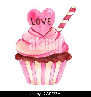 Cupcake à la fraise. Objet de jour de Saint Valentin. Eléments de peinture à l'aquarelle . Illustration . Banque D'Images