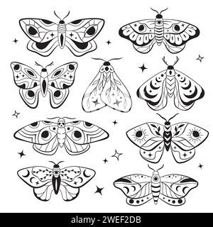 Lune céleste mites nocturnes, papillons ésotériques, illustrations de ligne Boho, ensemble de dessins vectoriels Illustration de Vecteur