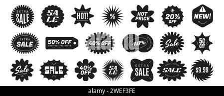 Ensemble de vecteur d'étiquette d'autocollant de vente Starburst noir. Étiquette de prix promo STAR ou badge d'offre spéciale de différentes formes. Icône des badges promotionnels Sunburst sur fond blanc. Éléments de conception plats pour le shopping. Illustration de Vecteur