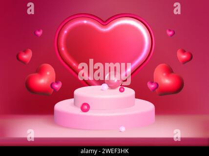 Podium de pied cylindrique 3d rose réaliste et arc de cadre néon en forme de coeur. Fond de Saint-Valentin avec plate-forme ronde, vitrine d'étape pour l'affichage de produit. Chambre studio avec scène et coeurs minimes. Illustration de Vecteur