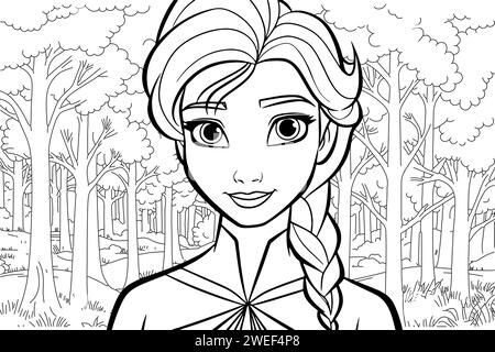 Jolie page de coloriage portrait de princesse de fée. Contour dessin à l'encre noire livre de coloriage antistress princesse de la forêt du nord isolé sur blanc vecteur illus Illustration de Vecteur