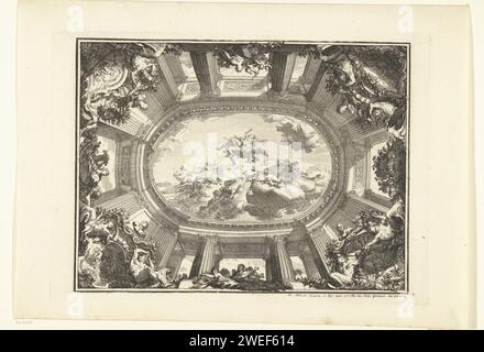 Trompe-l'oeil plafond avec performance mythologique, Daniël Marot (I), 1712 print le plafond est soutenu par des colonnes, des pilastres et une corniche de l'ordre Corinthien. Des médaillons sont présents dans les coins, vus de dessous. A partir d'une série de 6 (éventuellement 12) feuilles. Imprimeur : pays-Bas (possiblement)après propre conception par : pays-Bas (possiblement)éditeur : Amsterdam paper graving Banque D'Images