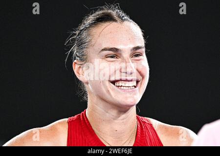 Paris, France. 23 janvier 2024. Aryna Sabalenka lors de l'Open d'Australie 2024 Grand Chelem tournoi de tennis le 23 janvier 2024 au Melbourne Park à Melbourne, Australie. Crédit : Victor Joly/Alamy Live News Banque D'Images