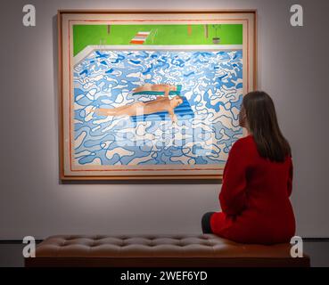 Christie's, Londres, Royaume-Uni. 25 janvier 2024. David Hockney, Californie, 1965. Estimation de l'ordre de 16 000 000 livres sterling. Un chef-d’œuvre exceptionnel invisible en public depuis plus de 40 ans sera présenté à la vente lors de la 20/21st Century London Evening sale le 7 mars 2024. Crédit : Malcolm Park/Alamy Live News Banque D'Images