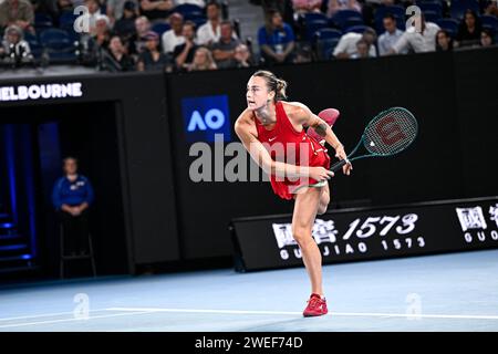 Paris, France. 23 janvier 2024. Aryna Sabalenka lors de l'Open d'Australie 2024 Grand Chelem tournoi de tennis le 23 janvier 2024 au Melbourne Park à Melbourne, Australie. Crédit : Victor Joly/Alamy Live News Banque D'Images