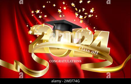 Classe de 2024, bannière de script de lettrage de mot. Félicitations lettrage de graduation avec casquette académique. Modèle pour le design party lycée ou collège Illustration de Vecteur