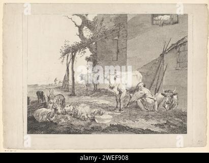 Milkende Herderin, Pierre François Laurent, d'après Nicolaes Pietersz Berchem, 1773 print France papier gravure ferme ou maison solitaire dans le paysage. milkmaid. troupeaux, bergers, bergers, bergers, bergers, bergers, vache, etc. traite Banque D'Images