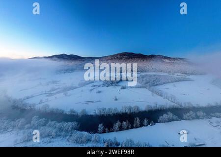 Vue aérienne tôt le matin vers la forêt primitive de Kocevski rog et la rivière krka après de fortes chutes de neige, brouillard matinal toujours au-dessus de la vallée, Slovénie Banque D'Images