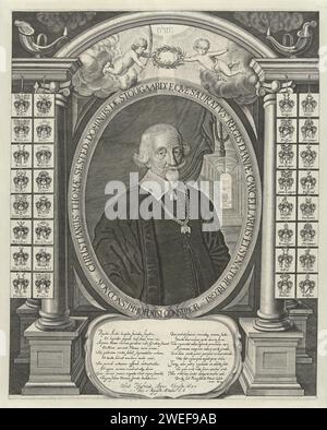 Portrait de Christian Thomas Sested, Albert Haelwegh, tirage de 1657 Portrait de Christian Thomas Sested dans un ovale sur lequel un texte latin. Autour de son cou une chaîne avec un éléphant sur laquelle une croix symbolise l'ordre de l'éléphant. À gauche et à droite de lui une colonne, à côté de laquelle deux rangées avec des armes familiales avec des noms d'accompagnement. Sous lui un cartouche avec deux colonnes de texte en latin. Au-dessus de lui deux putti sur des nuages qui tiennent une couronne de Laurier, au-dessus d'elle le tétragramme. Collier gravure papier Copenhague (ville) (+ vêtements pour hommes). Ordre de chevalerie de la Toison d'or. barbe. moustache. a. Banque D'Images