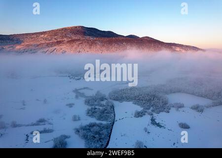 Vue aérienne de la belle forêt primitive de Kocevski Rog tôt le matin juste après la chute de neige, Dolenjske toplice, Slovénie Banque D'Images