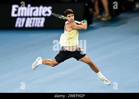 Melbourne, Australie. 24 janvier 2024. Carlos Alcaraz lors du tournoi de tennis Australian Open AO 2024 Grand Chelem le 24 janvier 2024 au Melbourne Park à Melbourne, en Australie. Photo Victor Joly/DPPI crédit : DPPI Media/Alamy Live News Banque D'Images