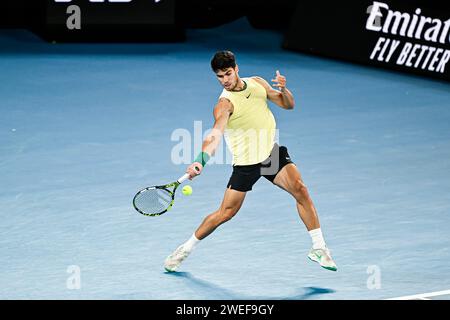 Melbourne, Australie. 24 janvier 2024. Carlos Alcaraz lors du tournoi de tennis Australian Open AO 2024 Grand Chelem le 24 janvier 2024 au Melbourne Park à Melbourne, en Australie. Photo Victor Joly/DPPI crédit : DPPI Media/Alamy Live News Banque D'Images