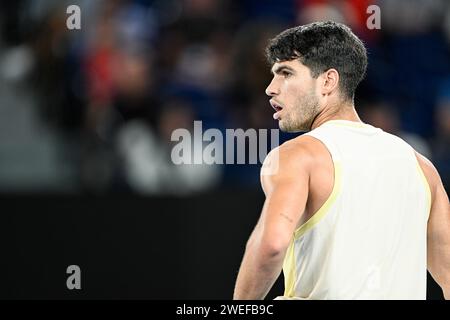 Melbourne, Australie. 24 janvier 2024. Carlos Alcaraz lors du tournoi de tennis Australian Open AO 2024 Grand Chelem le 24 janvier 2024 au Melbourne Park à Melbourne, en Australie. Photo Victor Joly/DPPI crédit : DPPI Media/Alamy Live News Banque D'Images