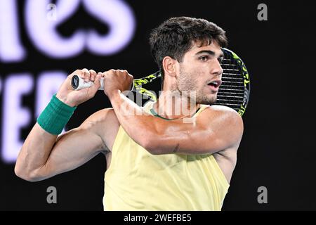 Melbourne, Australie. 24 janvier 2024. Carlos Alcaraz lors du tournoi de tennis Australian Open AO 2024 Grand Chelem le 24 janvier 2024 au Melbourne Park à Melbourne, en Australie. Photo Victor Joly/DPPI crédit : DPPI Media/Alamy Live News Banque D'Images