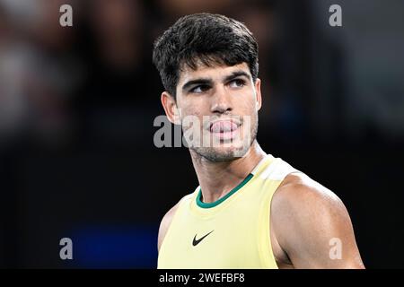 Melbourne, Australie. 24 janvier 2024. Carlos Alcaraz lors du tournoi de tennis Australian Open AO 2024 Grand Chelem le 24 janvier 2024 au Melbourne Park à Melbourne, en Australie. Photo Victor Joly/DPPI crédit : DPPI Media/Alamy Live News Banque D'Images