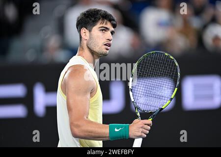 Melbourne, Australie. 24 janvier 2024. Carlos Alcaraz lors du tournoi de tennis Australian Open AO 2024 Grand Chelem le 24 janvier 2024 au Melbourne Park à Melbourne, en Australie. Photo Victor Joly/DPPI crédit : DPPI Media/Alamy Live News Banque D'Images