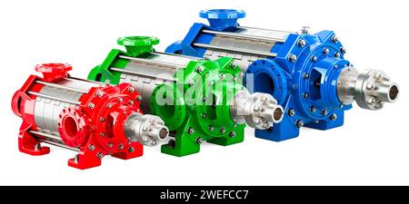 Pompe centrifuge multiétagée horizontale colorée avec puissance différente, rendu 3D isolé sur fond blanc Banque D'Images