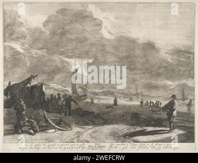 Beach face : le mois de décembre et la saison d'hiver, Pieter Nolpe, 1623 - 1653 imprimer vue de la plage avec quelques pêcheurs près d'une cabane et des marcheurs. Il y a des voiliers sur la plage. Au bas de la marge, un verset à deux sens en néerlandais et un verset à deux sens en français. Imprimer à partir d'une série de mois différents, qui représentent également un élément ou une saison. Amsterdam papier gravure / gravure paysage symbolisant décembre. paysage hivernal ; paysage symbolisant l'hiver (les quatre saisons de l'année). pêcheur. plage Banque D'Images