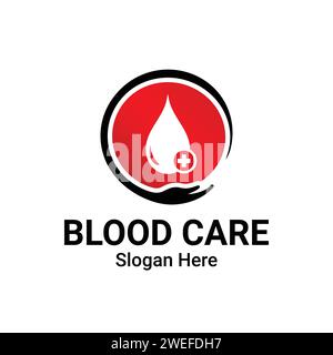 Logo Blood Care avec illustration du modèle de soins des mains. Concept du logo Blood Donation Secure. Modèle de vecteur de conception de logo de cellules sanguines médicales d'hématologie. Illustration de Vecteur