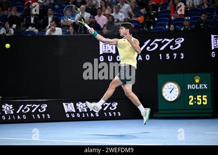 Paris, France. 24 janvier 2024. Carlos Alcaraz lors du tournoi de tennis Australian Open AO 2024 Grand Chelem le 24 janvier 2024 au Melbourne Park à Melbourne, en Australie. Crédit : Victor Joly/Alamy Live News Banque D'Images