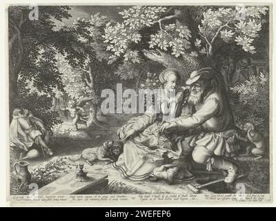 La mort et Cupido tirent les flèches de l'autre et le vieil homme fait une jeune femme, Boëtius Adamsz. Bolswert, d'après David Vinckboons, 1595 print la mort et Cupido ont échangé leurs flèches par ignorance. Un vieil homme tient la main d'une jeune femme, ils sont assis près d'une tombe ouverte. Derrière eux, la mort concentre ses flèches d'amour sur eux. Un singe avec des lunettes habille la bourse de l'homme. Cupido utilise les flèches mortelles de la mort. Un jeune homme qui jouait sur son luth a été frappé par une flèche dans sa poitrine. Une bougie a presque brûlé sur une tombe. Un verset latin et la traduction de Nedeland expliquent cette mort Banque D'Images
