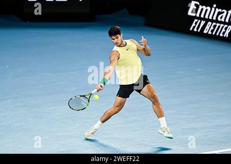 Paris, France. 24 janvier 2024. Carlos Alcaraz lors du tournoi de tennis Australian Open AO 2024 Grand Chelem le 24 janvier 2024 au Melbourne Park à Melbourne, en Australie. Crédit : Victor Joly/Alamy Live News Banque D'Images