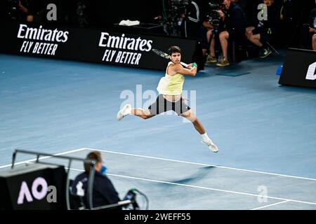 Paris, France. 24 janvier 2024. Carlos Alcaraz lors du tournoi de tennis Australian Open AO 2024 Grand Chelem le 24 janvier 2024 au Melbourne Park à Melbourne, en Australie. Crédit : Victor Joly/Alamy Live News Banque D'Images