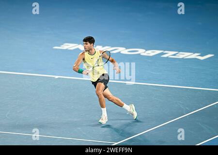 Paris, France. 24 janvier 2024. Carlos Alcaraz lors du tournoi de tennis Australian Open AO 2024 Grand Chelem le 24 janvier 2024 au Melbourne Park à Melbourne, en Australie. Crédit : Victor Joly/Alamy Live News Banque D'Images