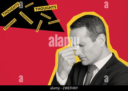 Image de collage de l'homme d'effet blanc noir élégant d'esprit contemplent des pensées trop pensées isolées sur fond rouge Banque D'Images