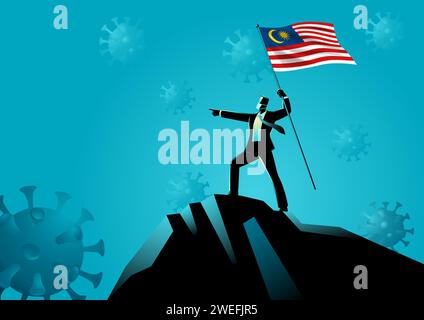 Illustration vectorielle d'un homme d'affaires optimiste debout sur une montagne tenant le drapeau de la Malaisie. Optimisme pendant la pandémie Illustration de Vecteur