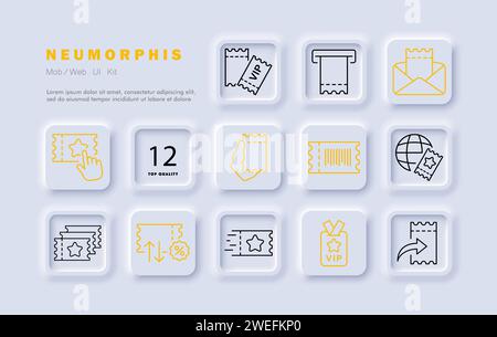 Discounts set line icon. Coupon, vip, sale, ticket, lottery, purchase, clearance, savings. Neomorphism style. Vector icon for business and advertising Illustration de Vecteur