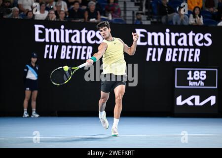 Paris, France. 24 janvier 2024. Carlos Alcaraz lors du tournoi de tennis Australian Open AO 2024 Grand Chelem le 24 janvier 2024 au Melbourne Park à Melbourne, en Australie. Crédit : Victor Joly/Alamy Live News Banque D'Images